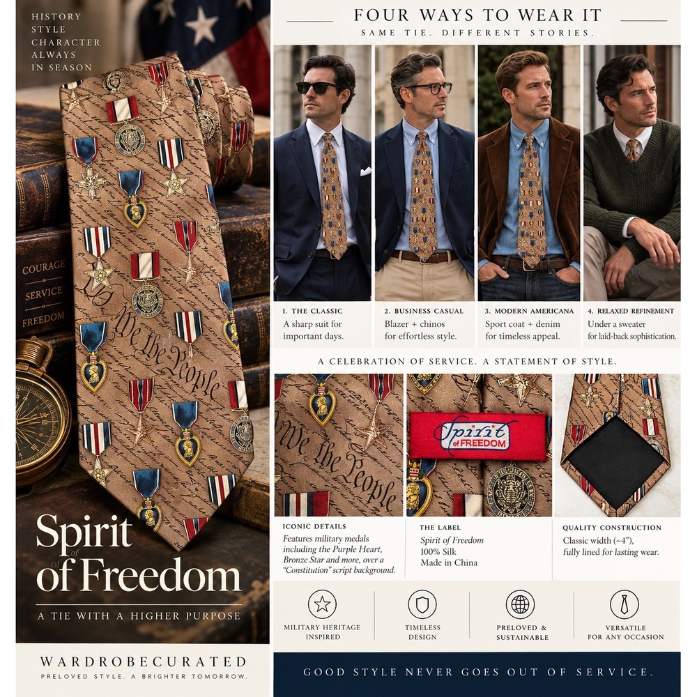 Spirit of Freedom Mens Silk Tie Military Medals Constitution Tan Gold 4 Inch
